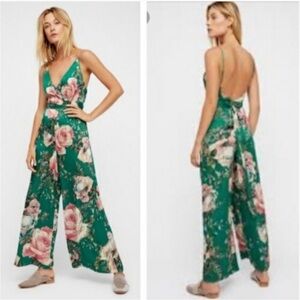 Free People Green Floral Satin Jumpsuit
